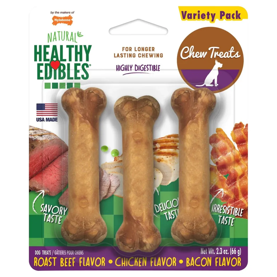 Nylabone Healthy Edibles All-Natural Long Lasting Chew Treats Variety Pack Roast Beef Chicken & Bacon Petite - Up To 15 lbs 3 Count