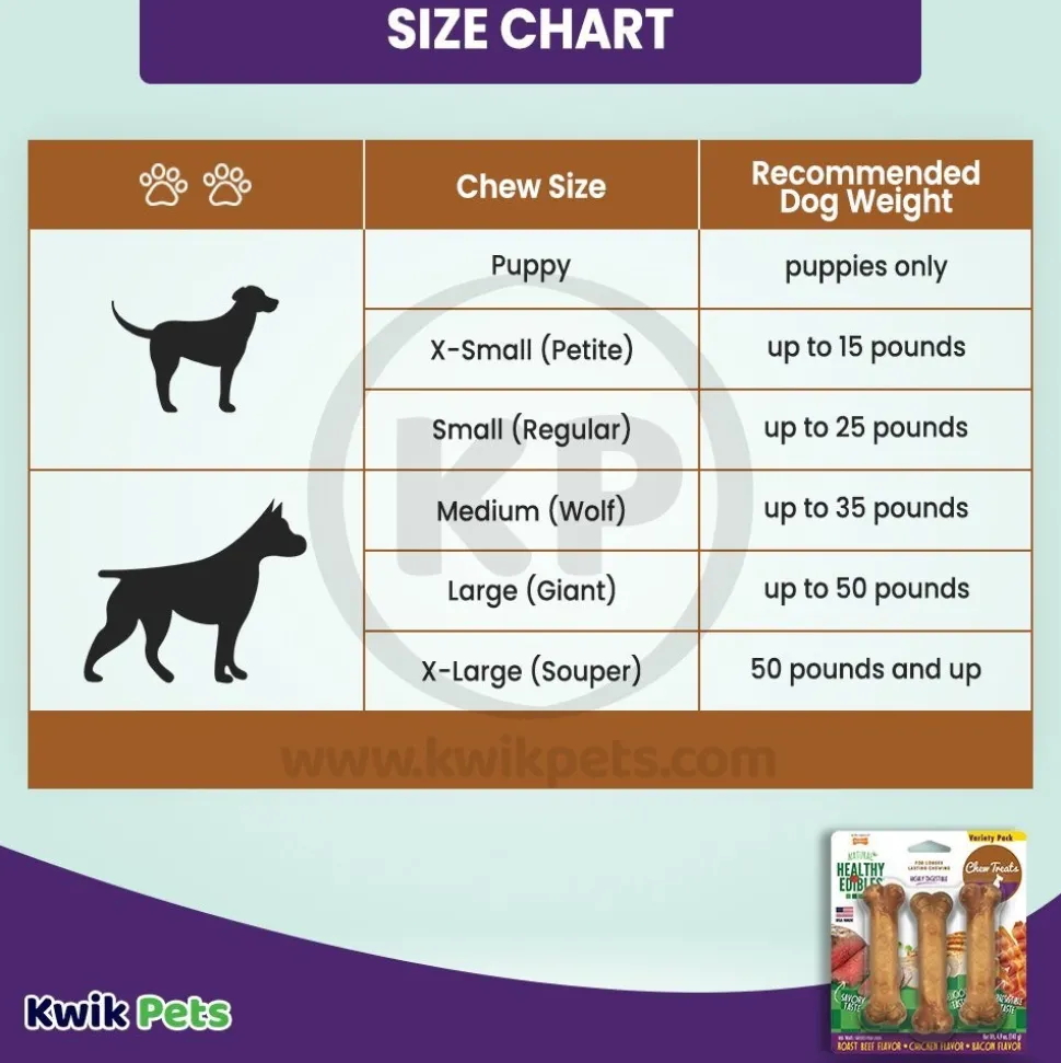 Nylabone Healthy Edibles All-Natural Long Lasting Chew Treats Variety Pack Roast Beef Chicken & Bacon Small/Regular - Up To 25 Ibs 3 Count