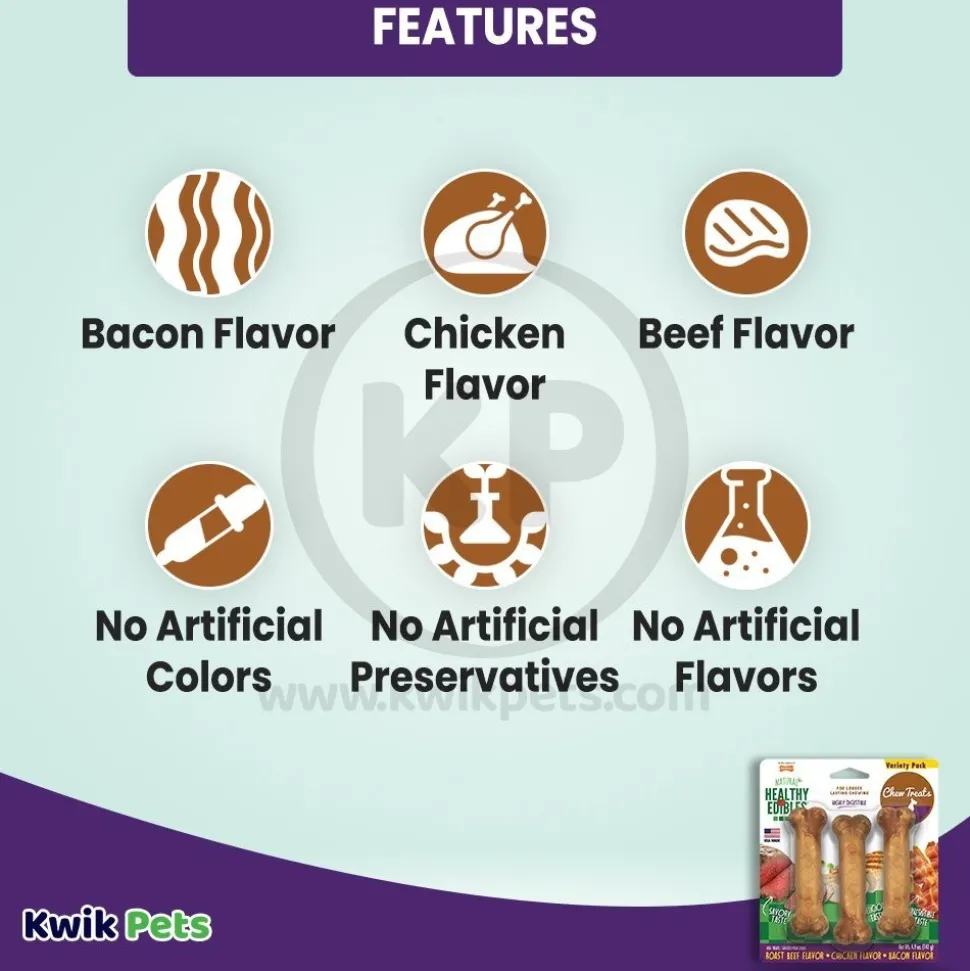 Nylabone Healthy Edibles All-Natural Long Lasting Chew Treats Variety Pack Roast Beef Chicken & Bacon Small/Regular - Up To 25 Ibs 3 Count