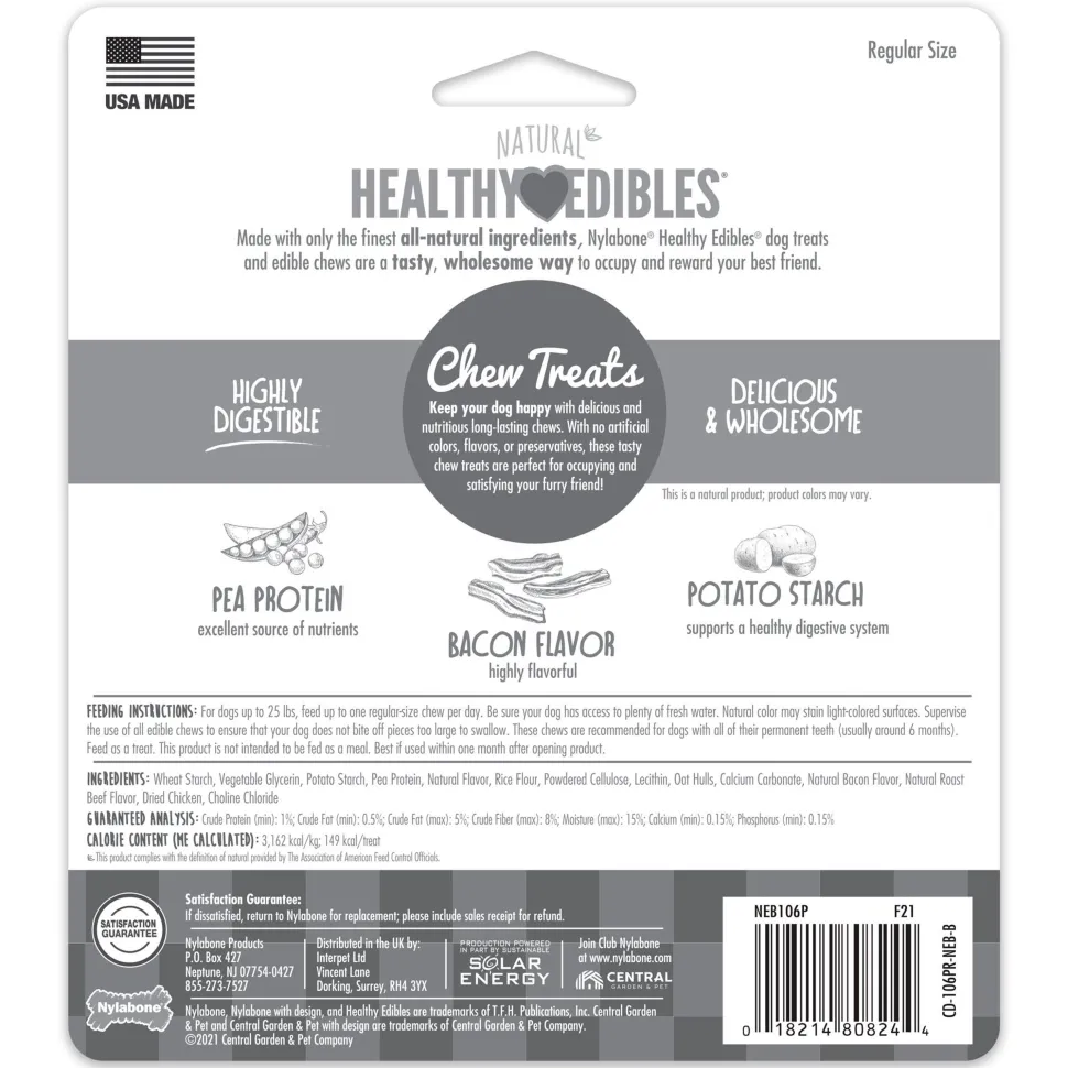 Nylabone Healthy Edibles All-Natural Long Lasting Dog Chew Treats Bacon Small/Regular - Up To 25 Ibs 3 Count