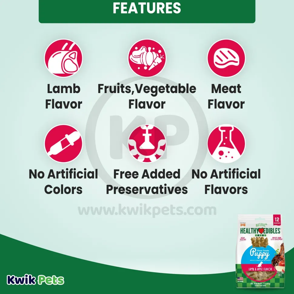 Nylabone Healthy Edibles Animal-Shaped Puppy Chew Treats Lamb & Apple Small/Regular - Up To 25 Ibs 12 Count