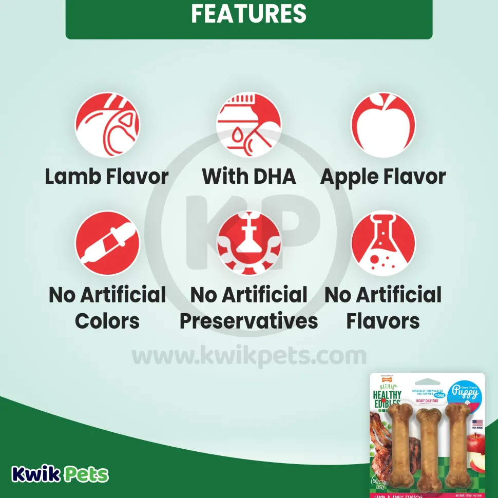 Nylabone Healthy Edibles Animal-Shaped Puppy Chew Treats Lamb & Apple Small/Regular - Up To 25 Ibs 3 Count