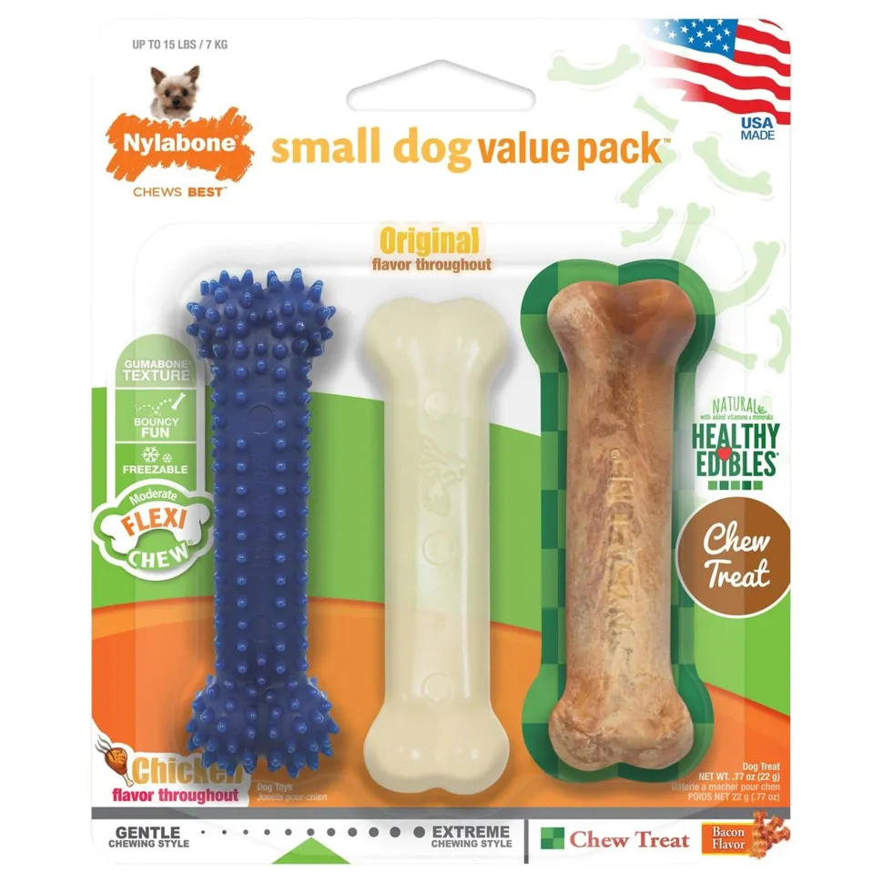 Nylabone Healthy Edibles & Flexi Chew Value Pack Chicken & Bacon XS/Petite - Up To 15 lbs 3 Count