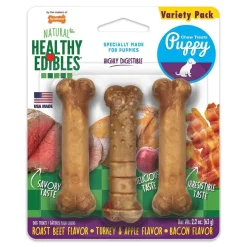 Nylabone Healthy Edibles Puppy Natural Long Lasting Variety Dog Chew Treats Roast Beef, Turkey & Apple, Bacon XS/Petite - Up To 15 lbs 3 Count