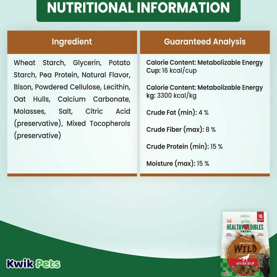 Nylabone Healthy Edibles Wild Natural Long Lasting Dog Chew Treats Bison Small/Regular - Up To 25 lbs 16 Count