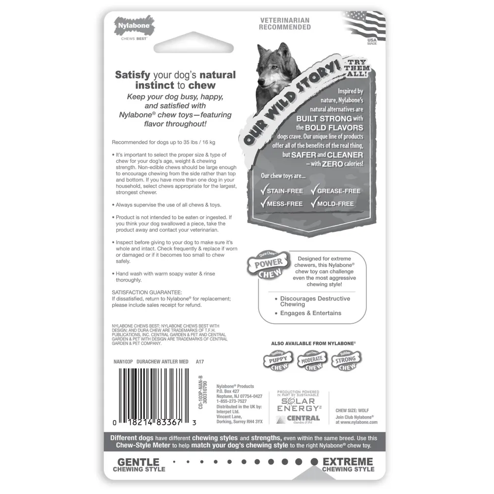Nylabone Power Chew Antler Alternative Dog Toy Venison Medium/Wolf - Up To 35 lbs