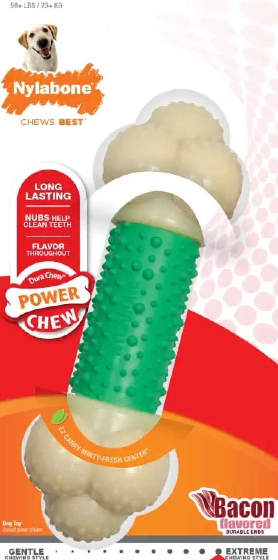 Nylabone Power Chew Double Action Durable Dog Toy Bacon XL/Souper - 50+ Lbs