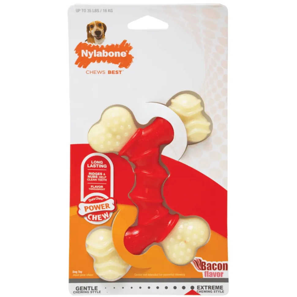 Nylabone Power Chew Double Bone Dog Toy Bacon Medium/Wolf - Up To 35 lbs