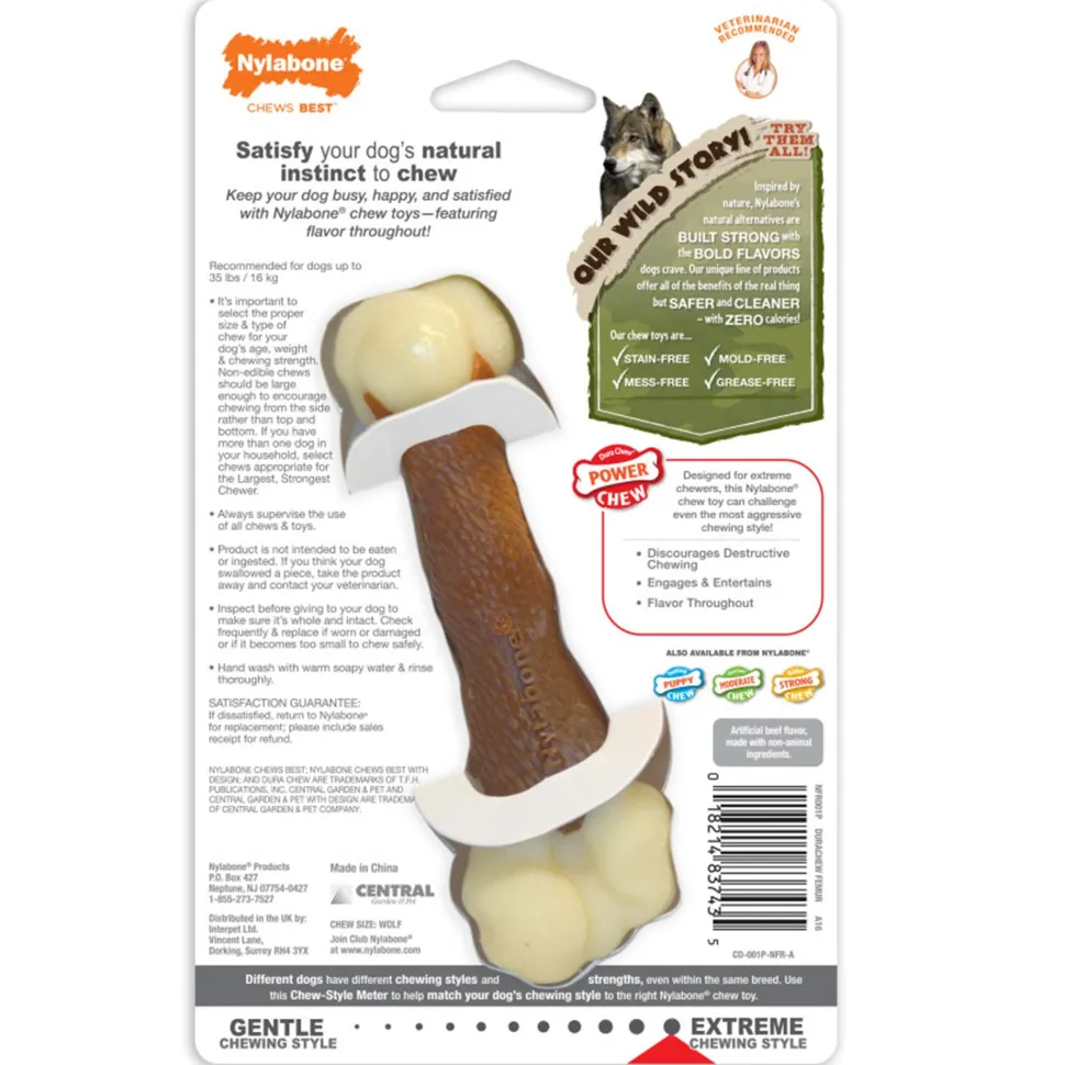 Nylabone Power Chew Femur Bone Alternative Dog Toy Beef Medium/Wolf - Up To 35 lbs