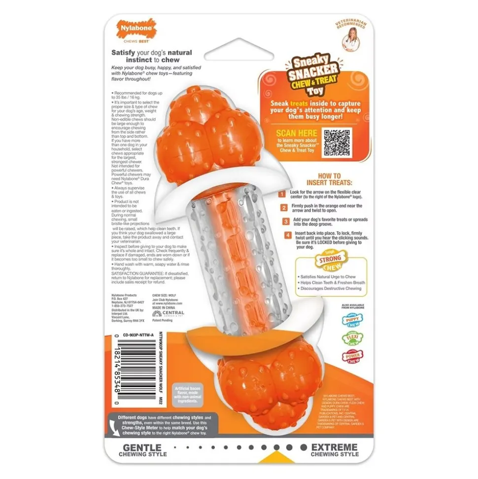 Nylabone Sneaky Snacker Chew & Treat Dog Toy Bacon Flavor Orange Medium/Wolf - Up To 35 lbs