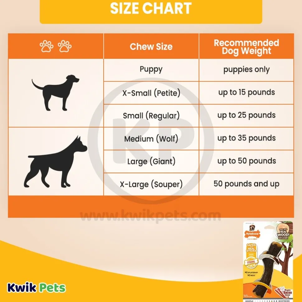 Nylabone Strong Chew Real Wood Dog Stick Toy Bacon Medium/Wolf - Up To 35 lbs