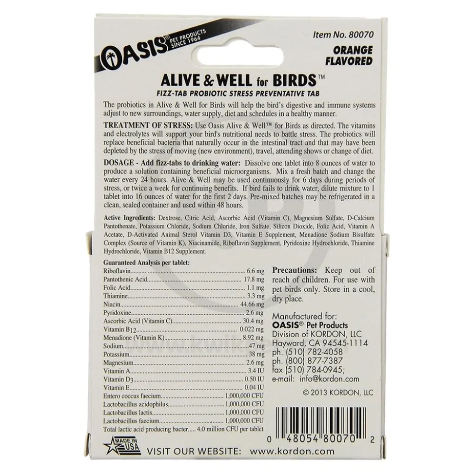 Oasis Alive & Well Probiotic Orange Flavor Fizz-Tablets for Birds 6 Count