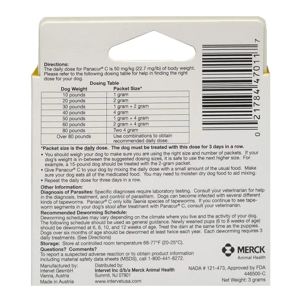 Panacur C Canine Dewormer Fenbendazole 1 Gram Pack for Dogs Up To 10 lbs 3 Count Yellow
