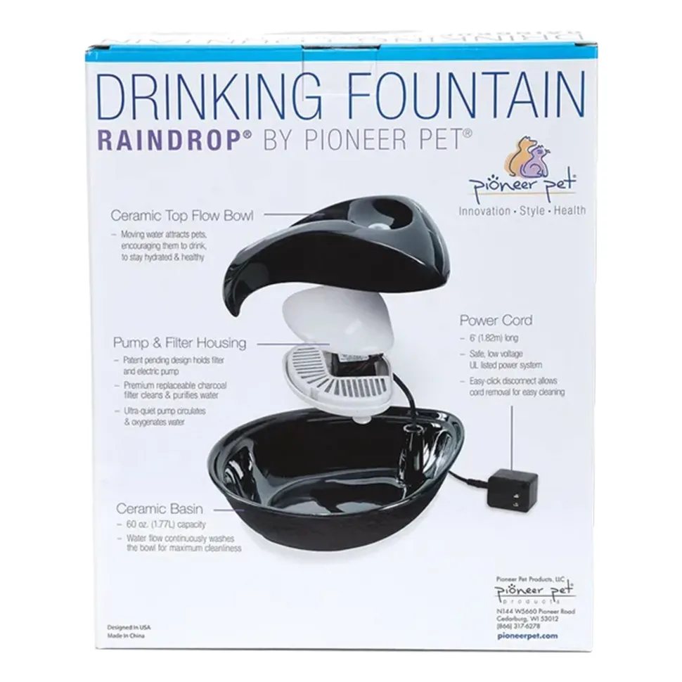 Pioneer Pet Raindrop Ceramic Dog & Cat Drinking Fountain Black 60-oz