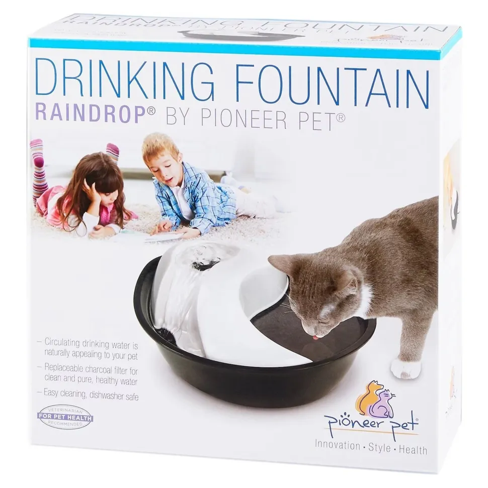 Pioneer Pet Raindrop Design Plastic Dog & Cat Drinking Fountain Black & White 60-oz