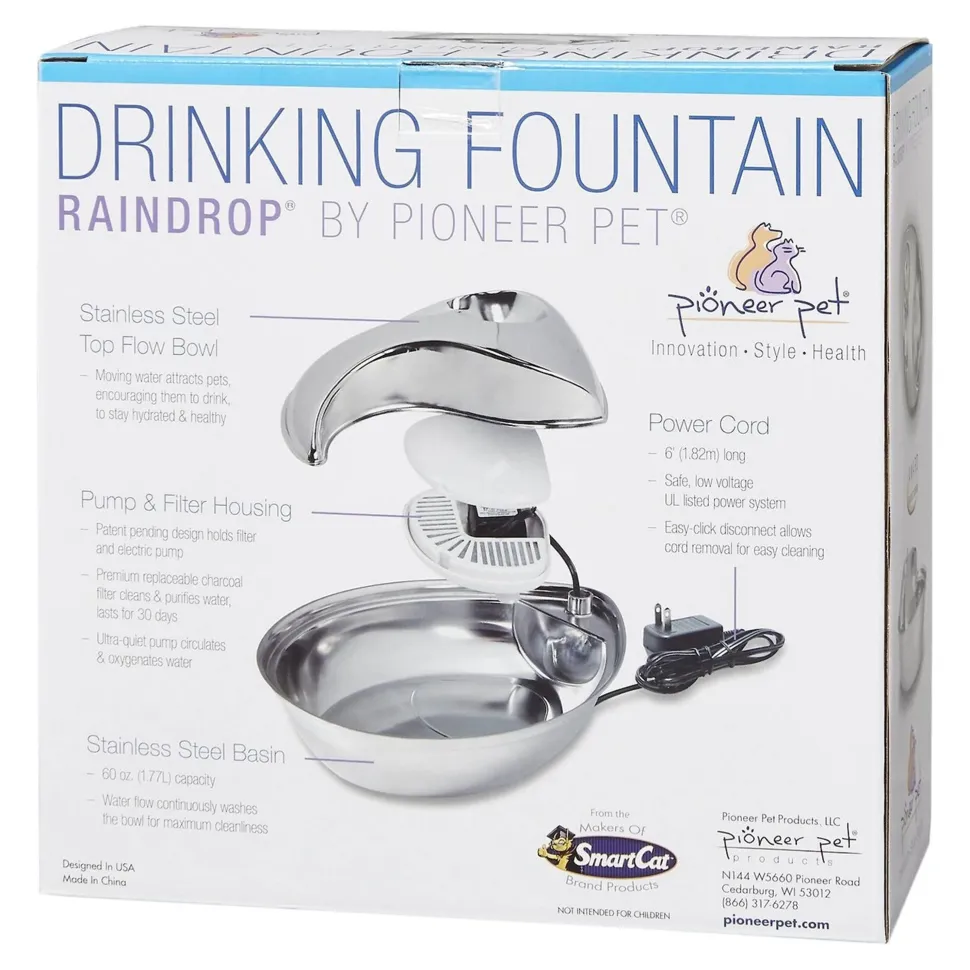 Pioneer Pet Raindrop Stainless Steel Dog & Cat Drinking Fountain 60-oz