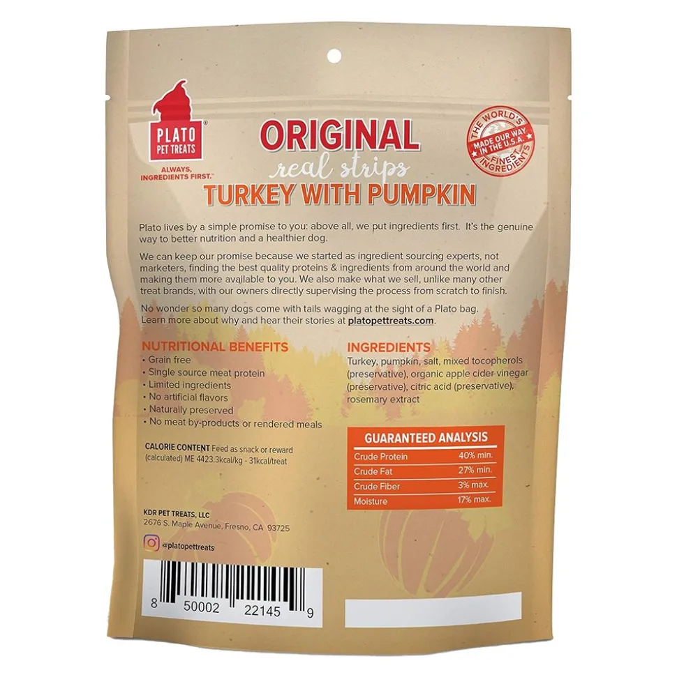 Plato Original Real Strips Grain Free Turkey with Pumpkin Dog Treats 18-oz