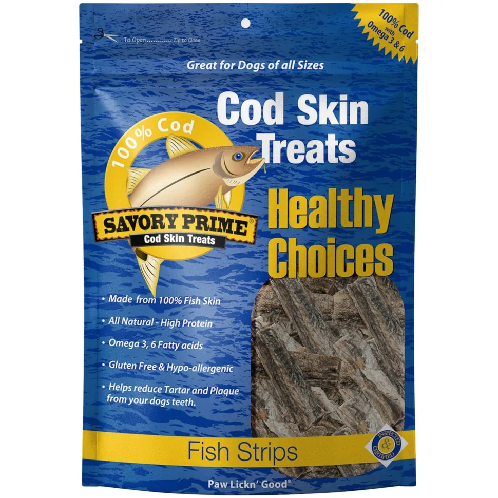Savory Prime Cod Skin Fish Strips Dog Treats 8-oz