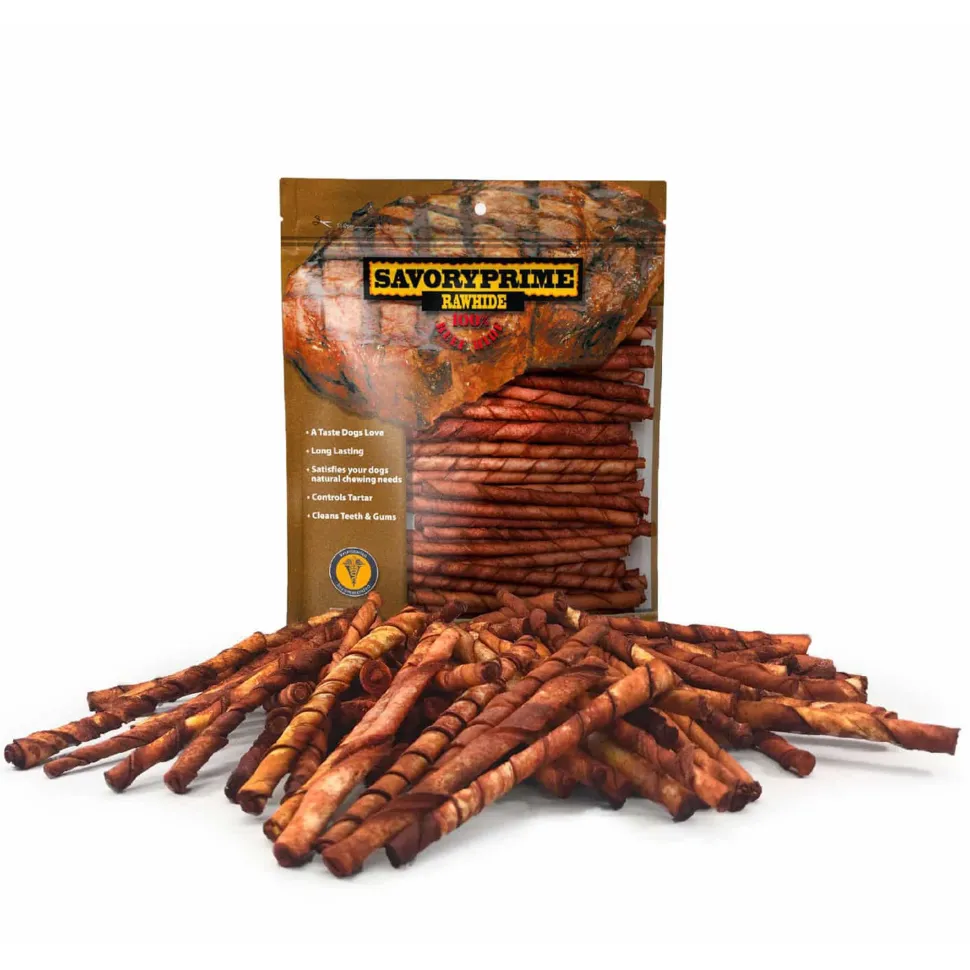 Savory Prime Pressed Rawhide Twist Sticks Beef 5-in 100 Count