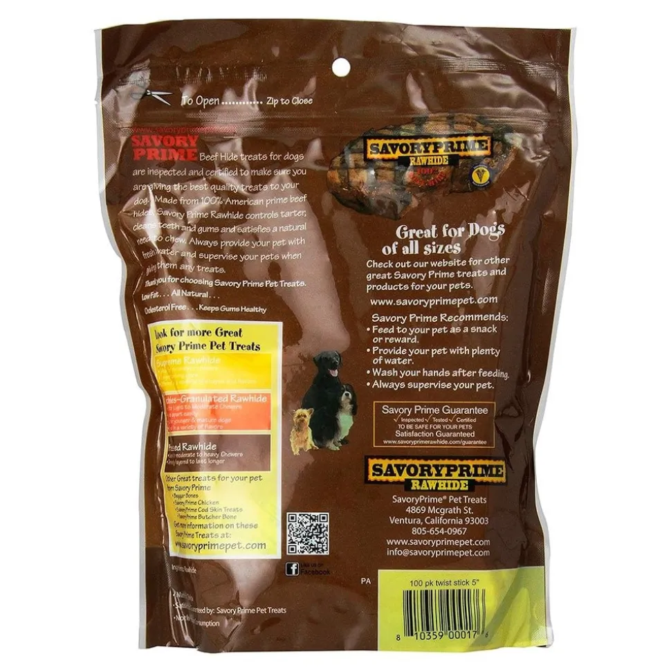 Savory Prime Pressed Rawhide Twist Sticks White 5-in 100 Count