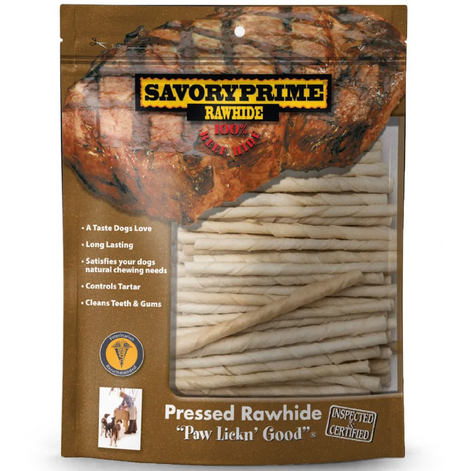 Savory Prime Pressed Rawhide Twist Sticks White 5-in 100 Count