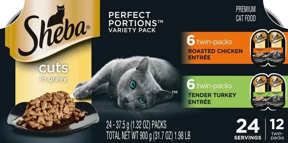 Sheba Perfect Portions Cuts in Gravy Wet Cat Food Roasted Chicken & Tender Turkey 12 Twin Variety Pack 24 Count 1.98-lb