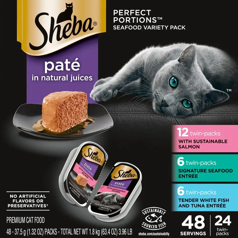 Sheba Perfect Portions Pate Wet Cat Food Salmon, Seafood & Whitefish/Tuna 24 Twin Variety Pack 48 Count 3.96-lb