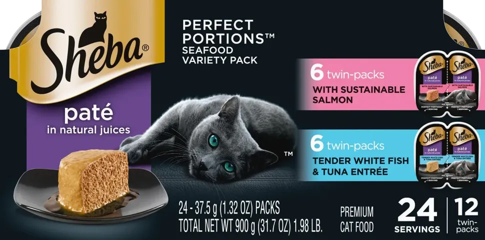 Sheba Perfect Portions Pate Wet Cat Food Delicate Salmon & Tender Whitefish/Tuna 12 Twin Variety Pack 24 Count 1.98-lb