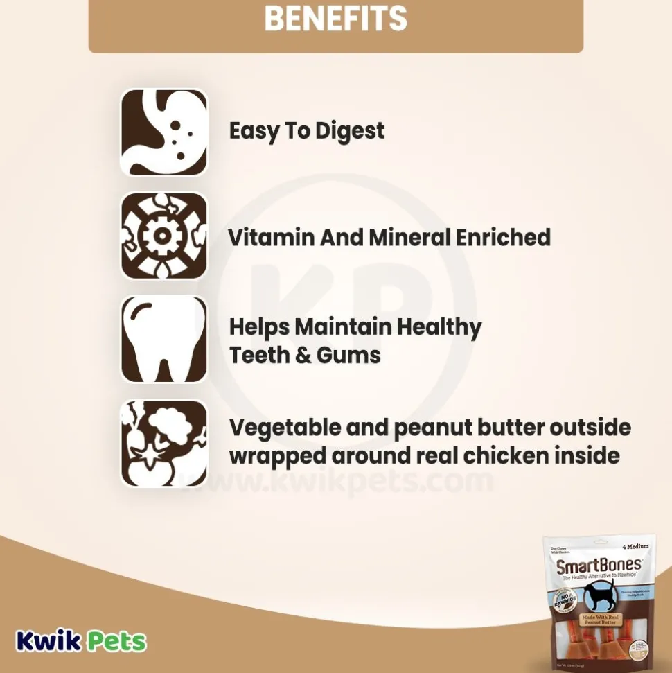 SmartBones Artificial-Free Medium Classic Bone Chews Dog Treat Peanut Butter 4 Count 11-oz