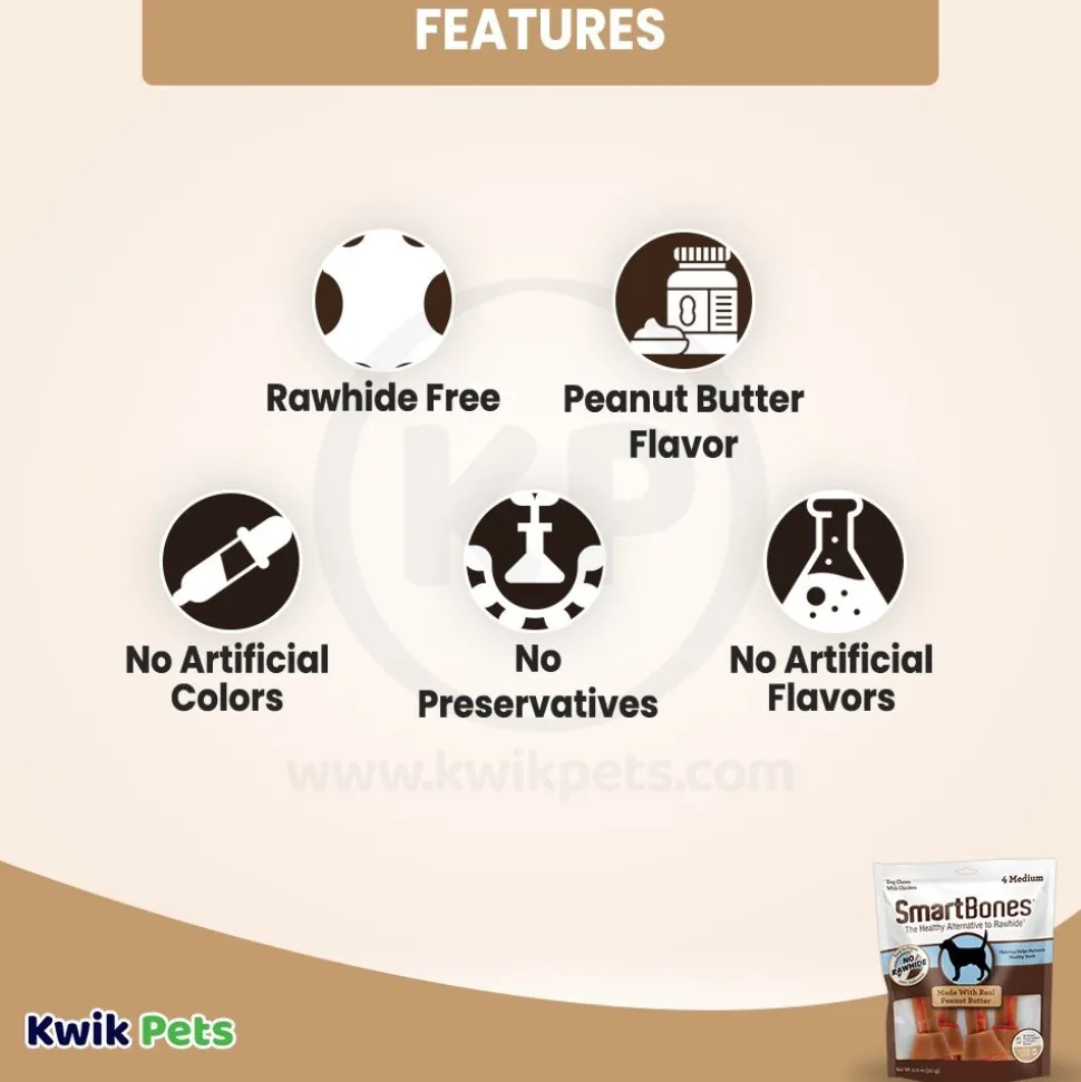 SmartBones Artificial-Free Medium Classic Bone Chews Dog Treat Peanut Butter 4 Count 11-oz