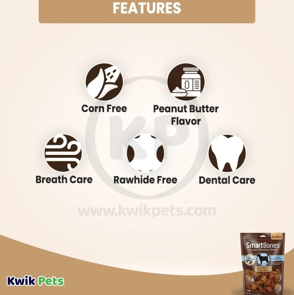 SmartBones Mini Classic Bone Chews Dog Treat Peanut Butter 24 Count 14-oz