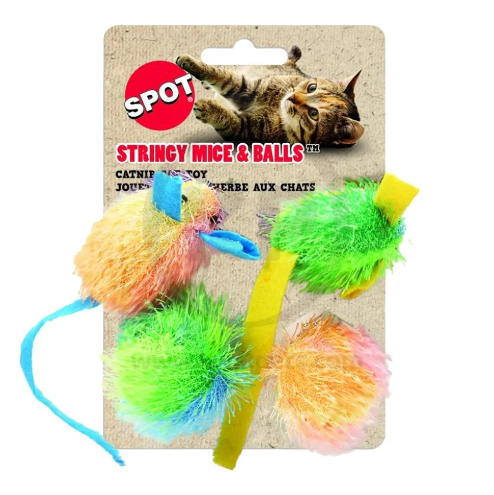 Spot Stringy Mice & Ball Cat Toy with Catnip Assorted 4 Count 2-in