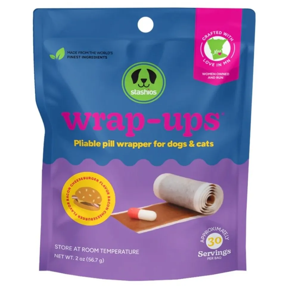 Stashios Wrap-Ups Pill Wrapper Treats for Dogs & Cats Bacon Cheeseburger Flavor 30 Count 2-oz