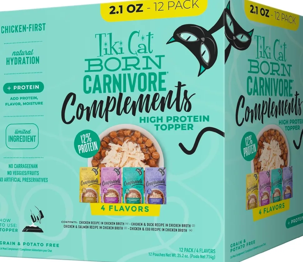 Tiki Pets Cat Born Carnivore Complements Variety Pack Wet Cat Food Topper 2.1-oz Pouch 12 Count
