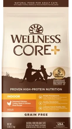 Wellness CORE+ Grain-Free Indoor Adult Dry Cat Food Deboned Chicken, Turkey & Chicken Meal Recipe 5-lb