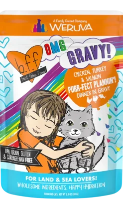 Weruva B.F.F. OMG Chicken, Turkey & Salmon Purr-Fect Plannin'! Dinner in Gravy Wet Cat Food Pouches 2.8-oz