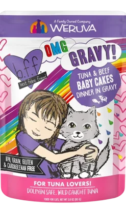 Weruva B.F.F. OMG Tuna & Beef Baby Cakes Dinner in Gravy Wet Cat Food Pouches 3-oz