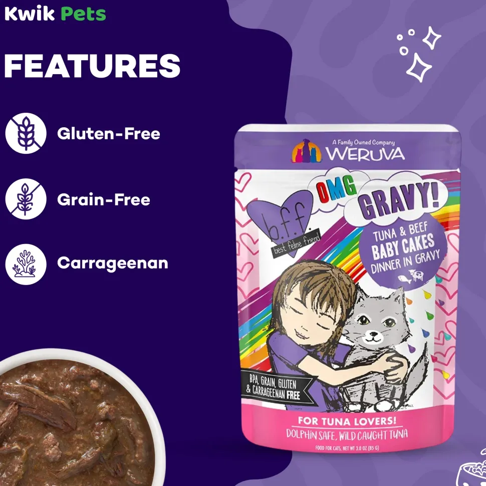 Weruva B.F.F. OMG Tuna & Beef Baby Cakes Dinner in Gravy Wet Cat Food Pouches 3-oz