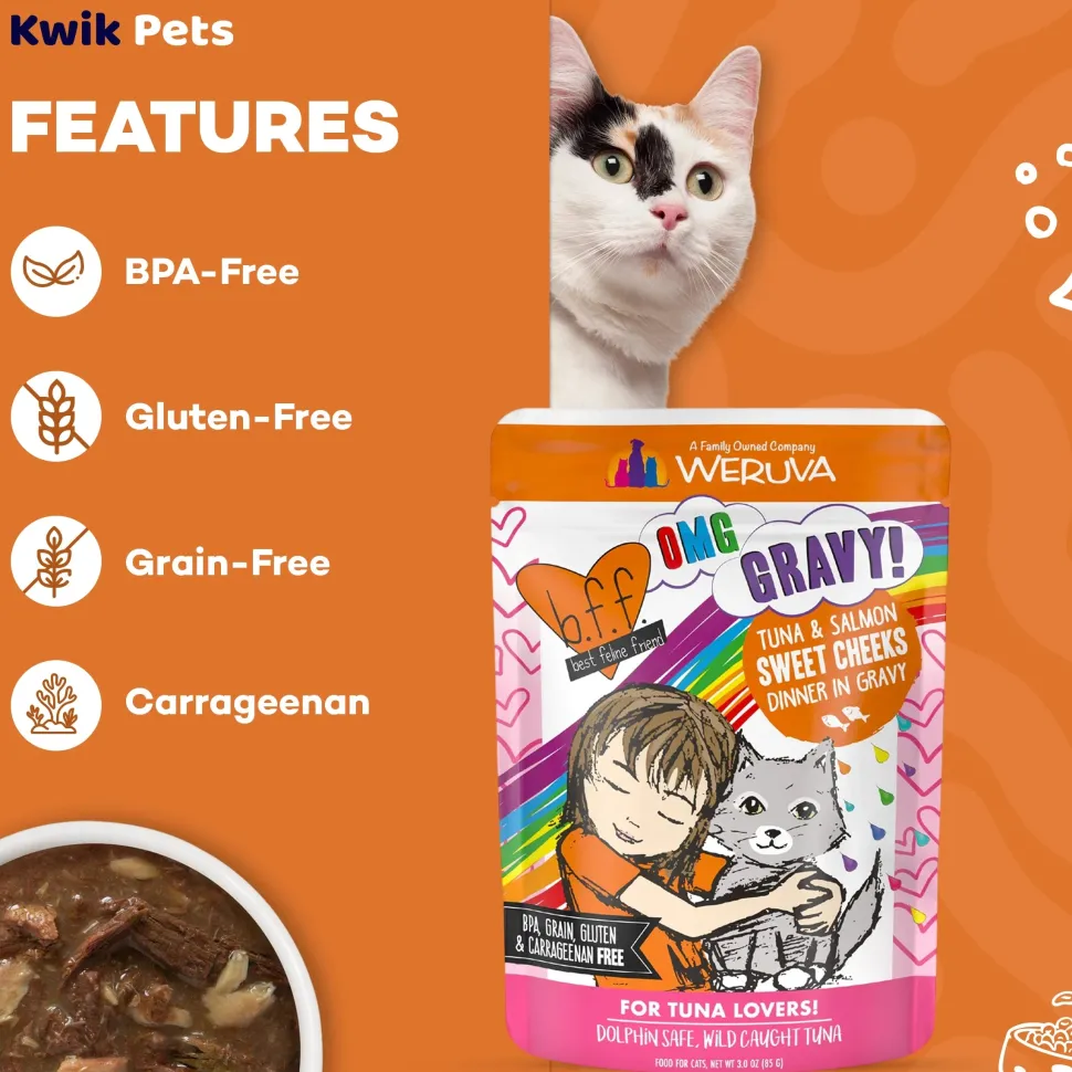 Weruva B.F.F. OMG Tuna & Salmon Sweet Cheeks Dinner in Gravy Wet Cat Food Pouches 3-oz