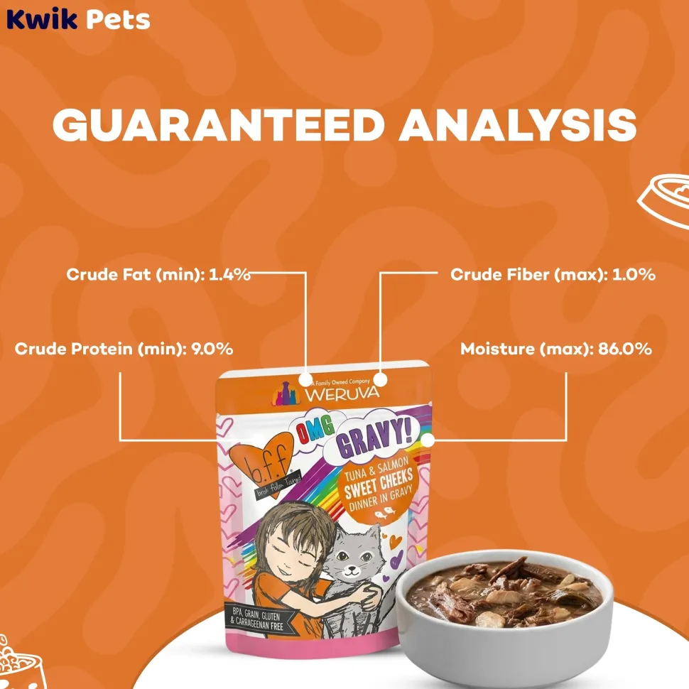 Weruva B.F.F. OMG Tuna & Salmon Sweet Cheeks Dinner in Gravy Wet Cat Food Pouches 3-oz