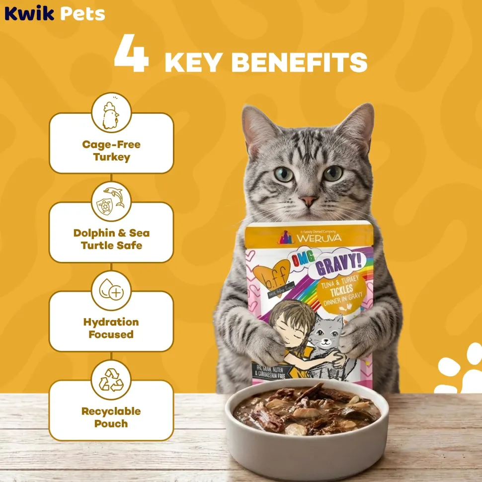 Weruva B.F.F. OMG Tuna & Turkey Tickles Dinner in Gravy Wet Cat Food Pouches 3-oz