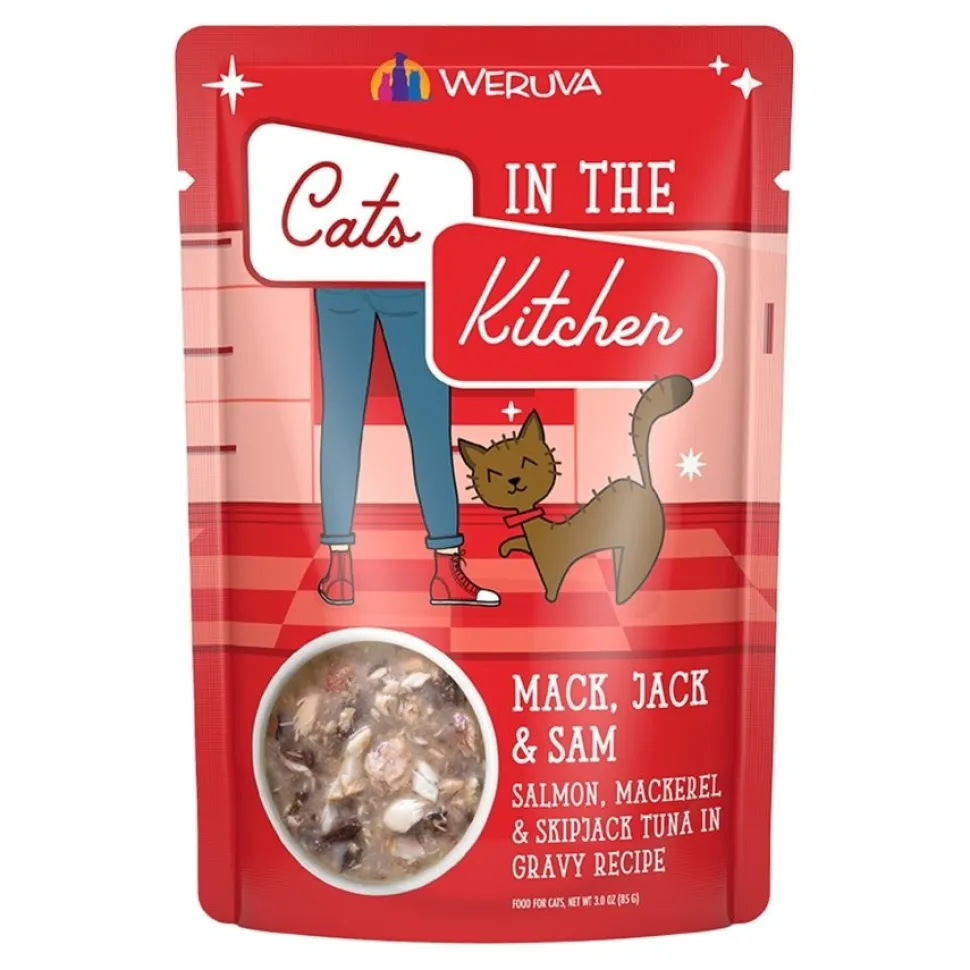 Weruva Cats in the Kitchen Mack, Jack & Sam Wet Cat Food Salmon, Mackerel & Skipjack Tuna in Gravy Recipe 3-oz