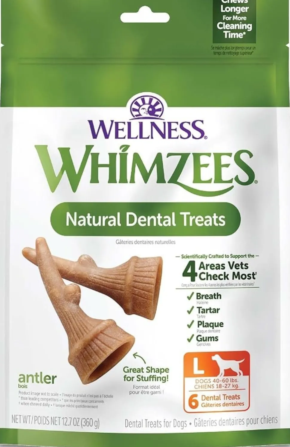Whimzees Occupy Antler Natural Dental Dog Treats Large 6 Count 12.7-oz