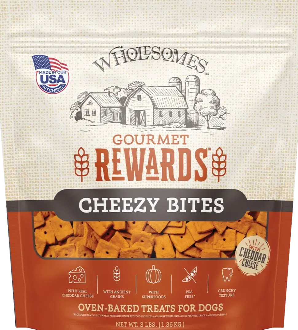 Wholesomes Gourmet Rewards Cheezy Bites Biscuits Oven-Baked Dog Treats Cheddar Cheese 3-lb