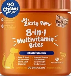 Zesty Paws 8-in-1 Multivitamin Bites Soft Chews for Dogs Peanut Butter 90 Count 11.1-oz