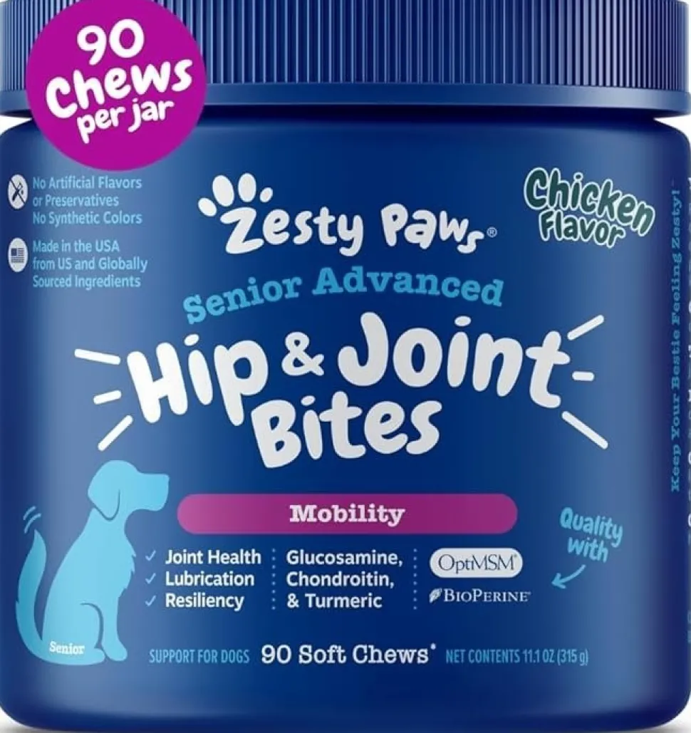 Zesty Paws Senior Advanced Hip & Joint Bites Soft Chew for Dogs Chicken 90 Count 11.1-oz