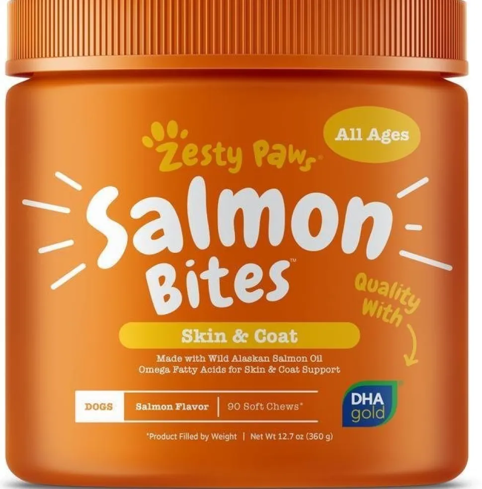 Zesty Paws Skin & Coat Bites Salmon Oil Soft Chews Supplement for Dogs Salmon Flavor 90 Count 11.1-oz