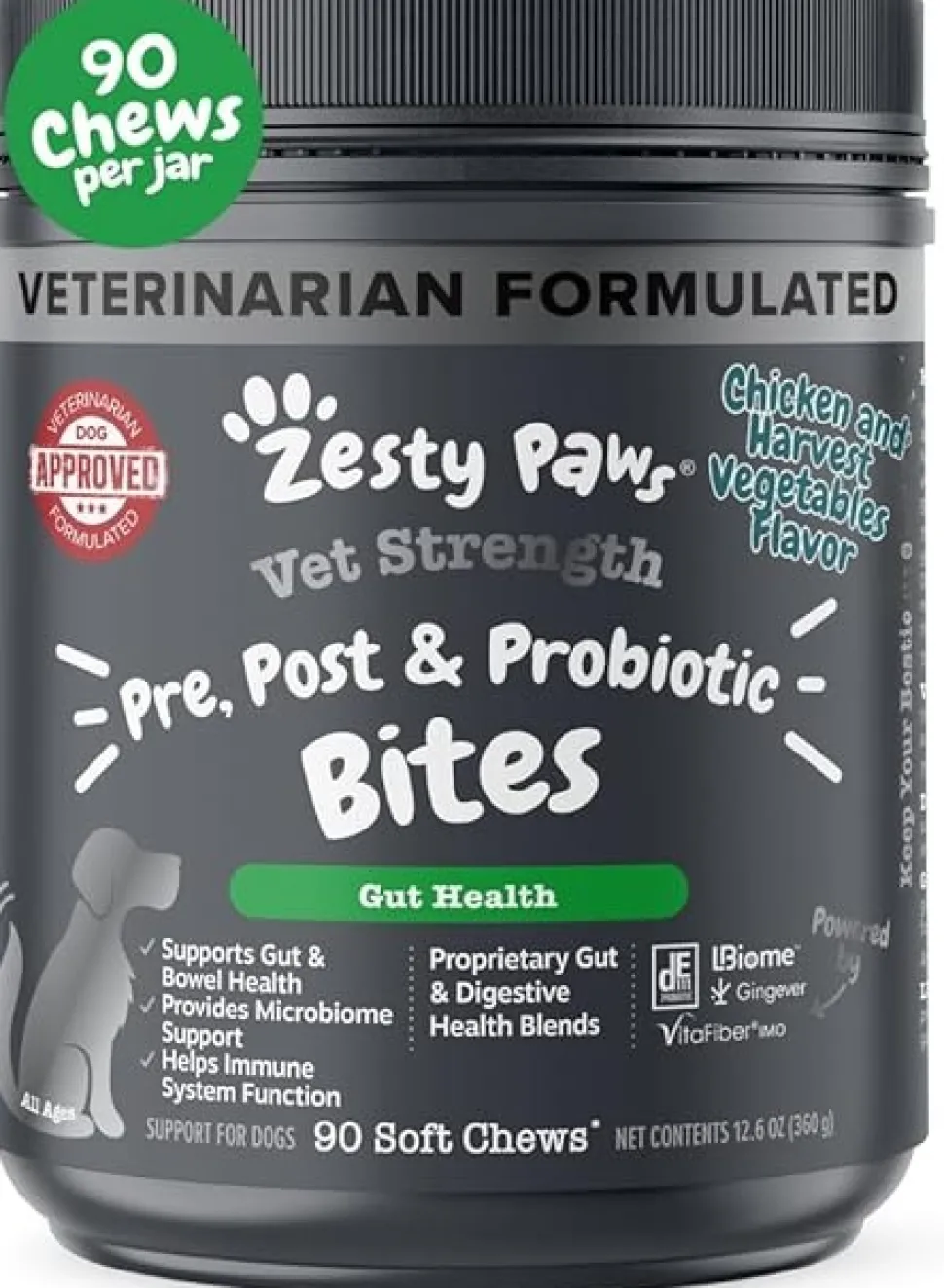 Zesty Paws Vet Strength Pre, Post & Probiotic Bites Soft Chews for Dogs Chicken & Harvest Vegetable 90 Count 12.6-oz