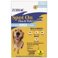 Zodiac Spot On Flea & Tick Control for Medium Dogs 31-60 lbs 4 Count