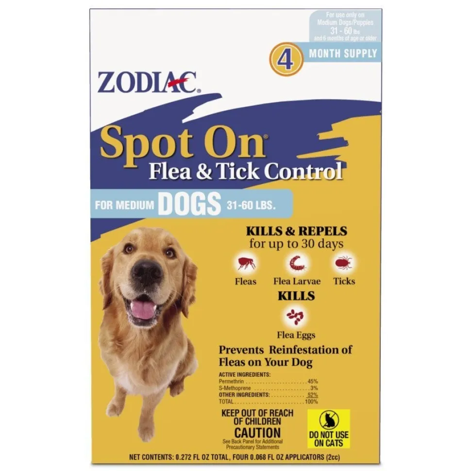 Zodiac Spot On Flea & Tick Control for Medium Dogs 31-60 lbs 4 Count